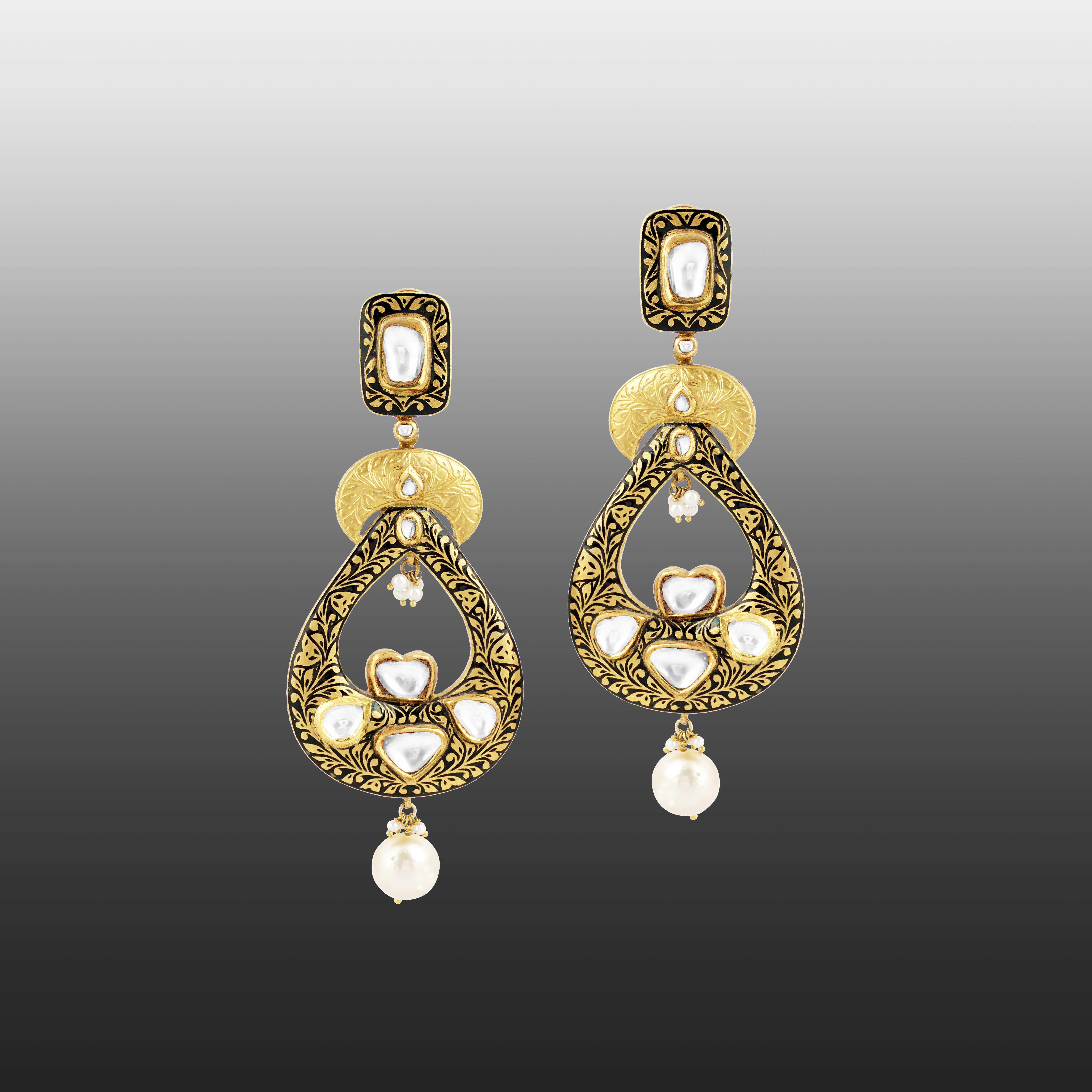 Teardrop Polki Earrings with Partash Work and Pearl Drops